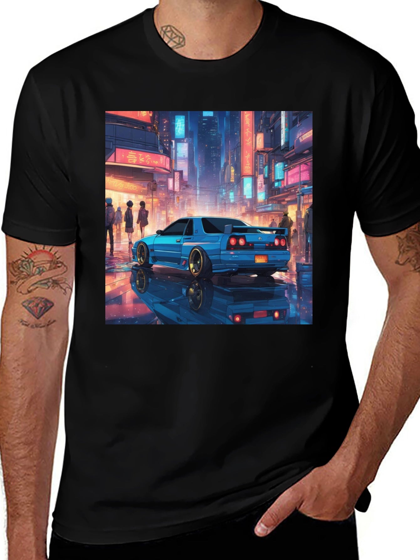 Blue Car Tokyo Nightscape Graphic Tee - Modern Style