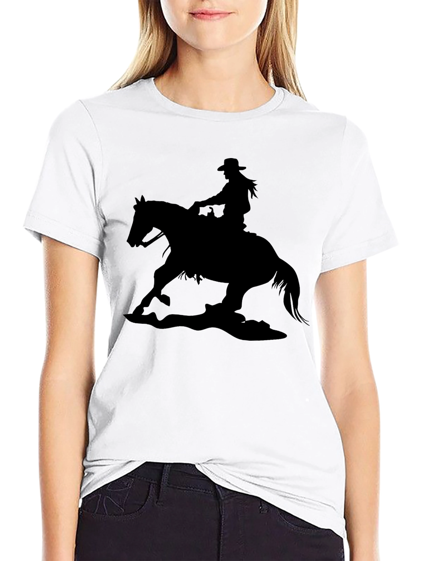 Cowgirl Horse Silhouette Black T-Shirt