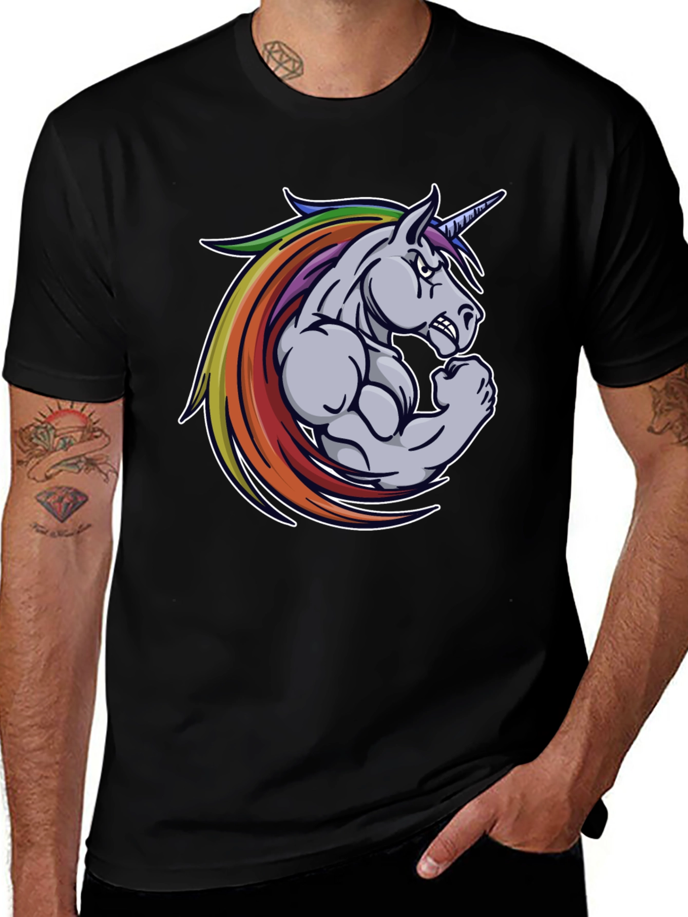 Black T-Shirt: Muscular Unicorn Graphic Tee