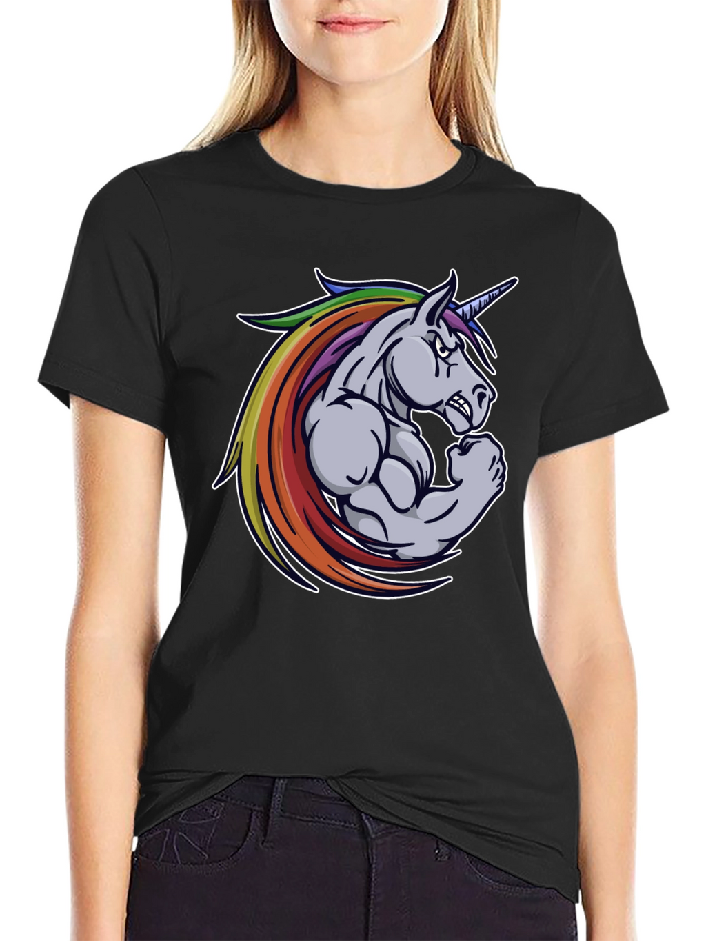 Black T-Shirt: Muscular Unicorn Graphic Tee