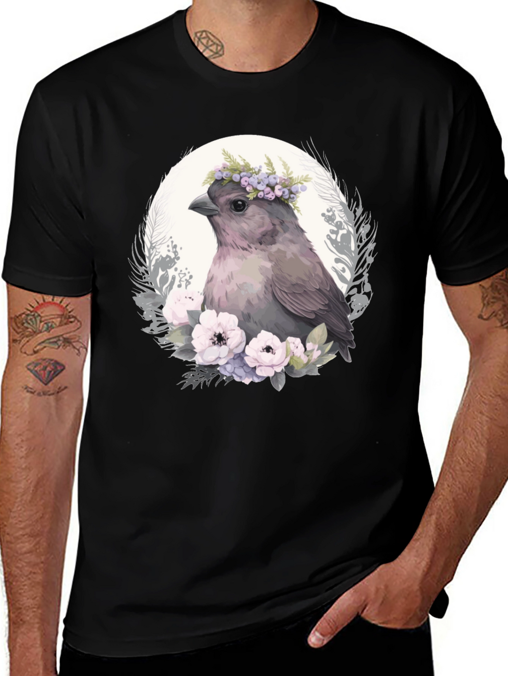 Bird with Flowers Graphic Tee - Unisex Soft Cotton