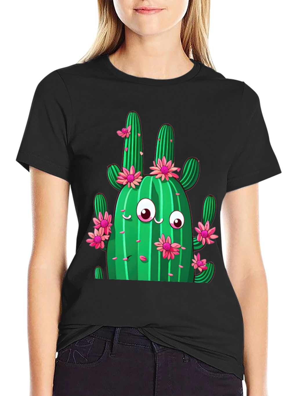 Cactus Flower Graphic Print Black T-Shirt