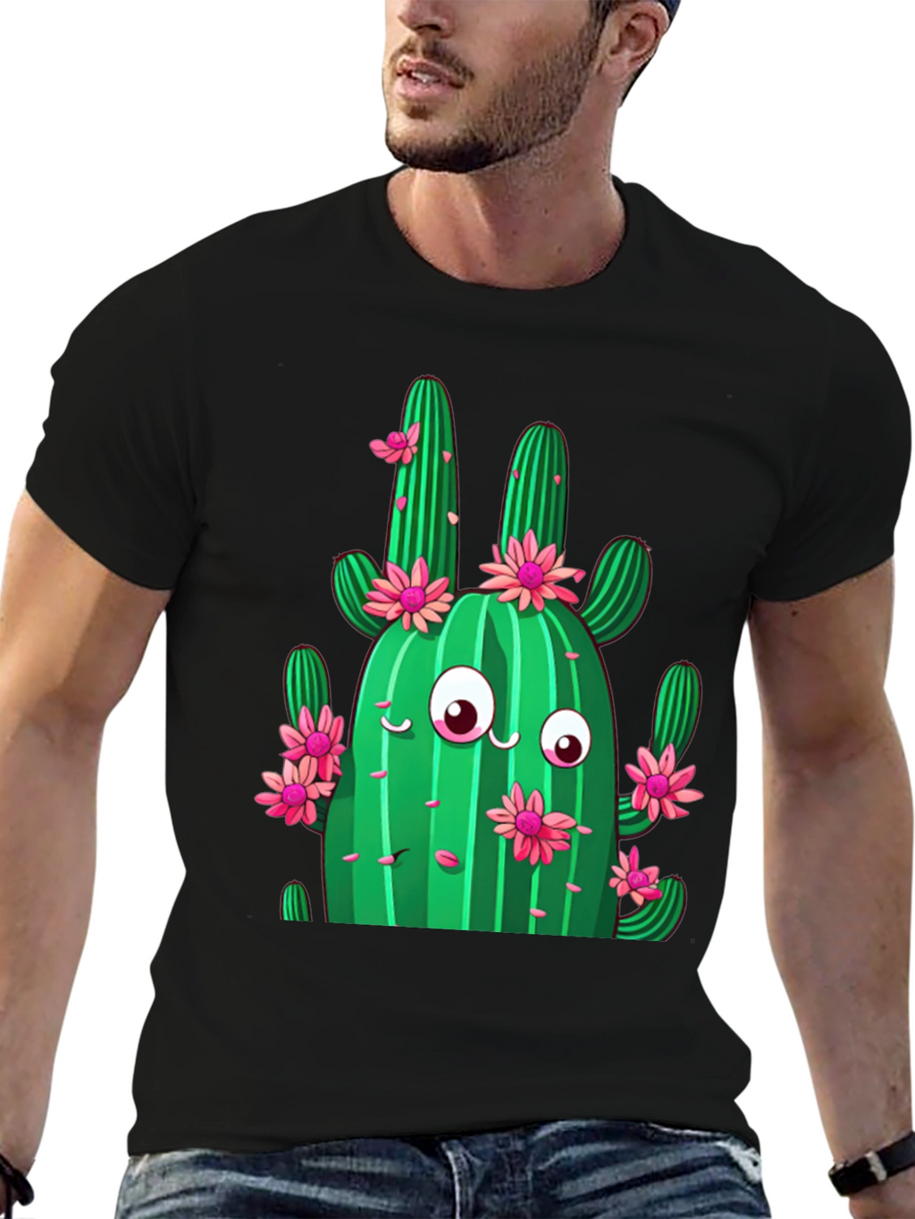 Cactus Flower Graphic Print Black T-Shirt