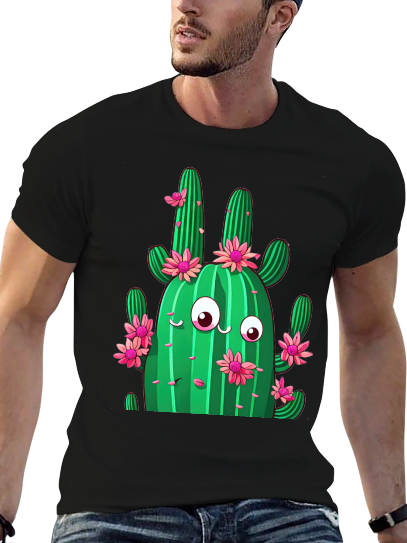 Cactus Flower Graphic Print Black T-Shirt
