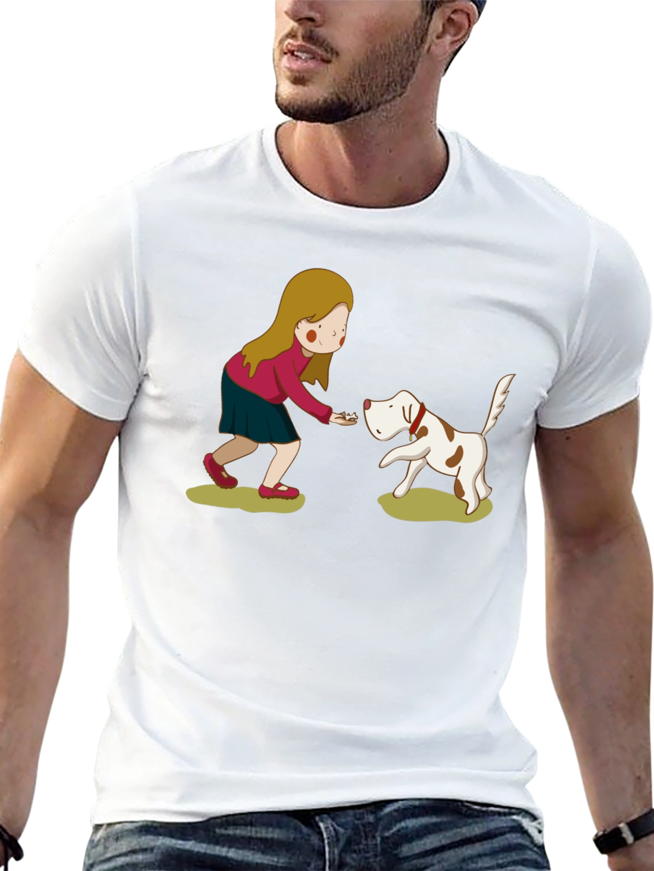 Cartoon Girl and Dog Graphic Tee - Black
