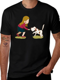 Cartoon Girl and Dog Graphic Tee - Black