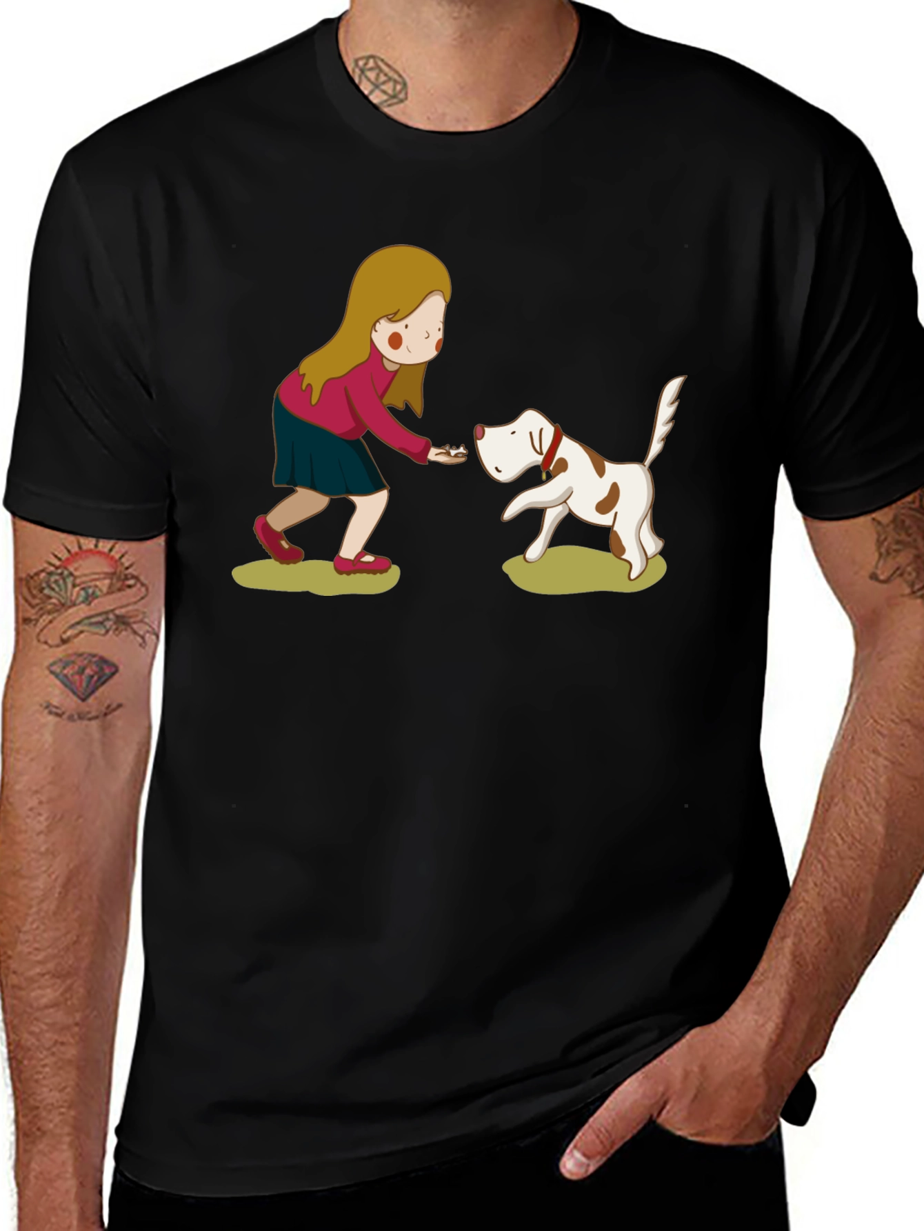 Cartoon Girl and Dog Graphic Tee - Black