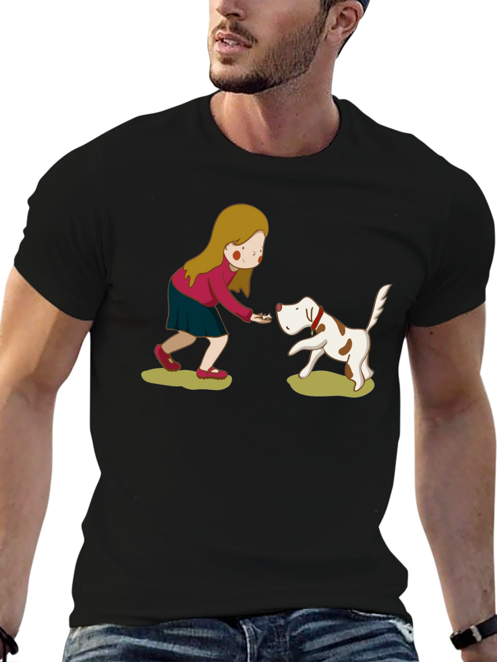 Cartoon Girl and Dog Graphic Tee - Black