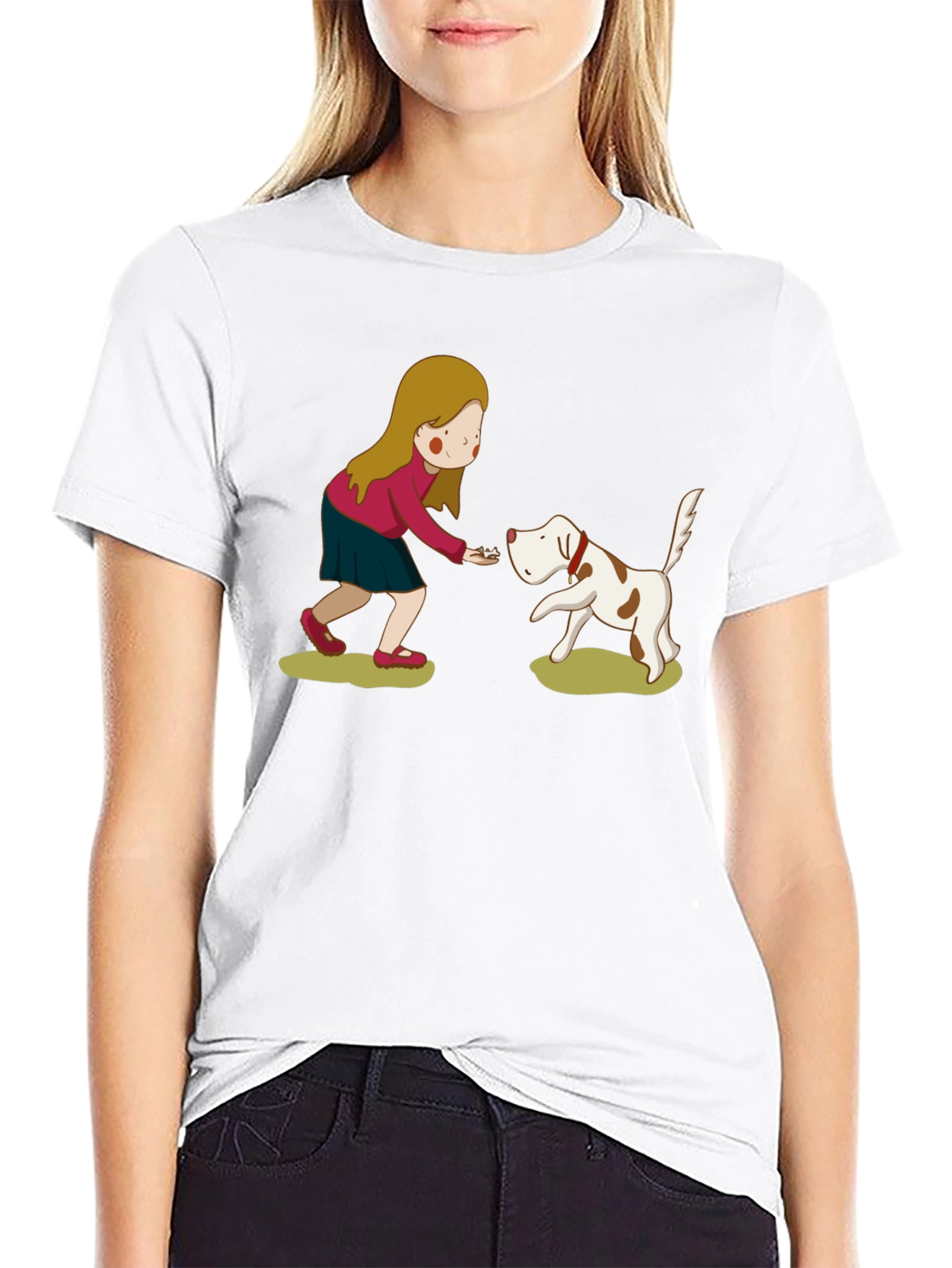 Cartoon Girl and Dog Graphic Tee - Black