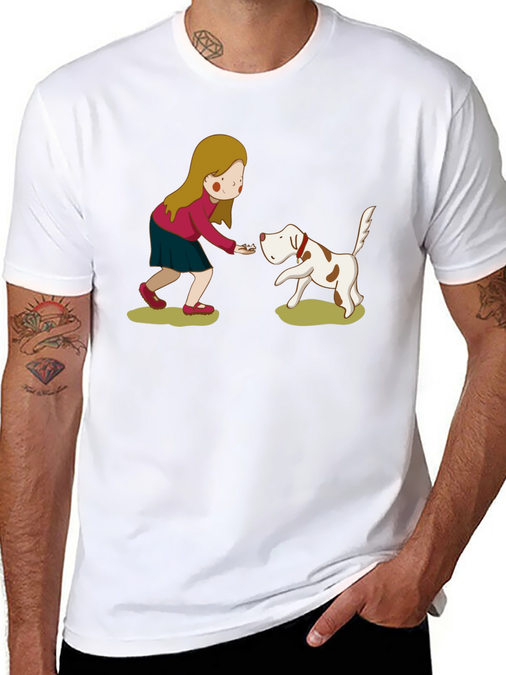 Cartoon Girl and Dog Graphic Tee - Black
