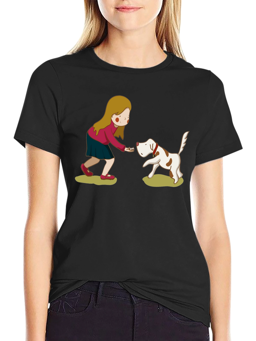 Cartoon Girl and Dog Graphic Tee - Black