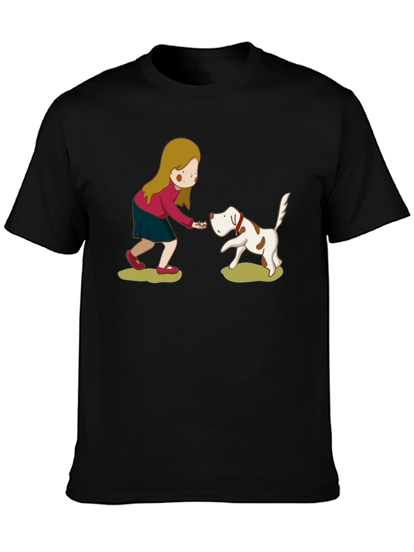 Cartoon Girl and Dog Graphic Tee - Black