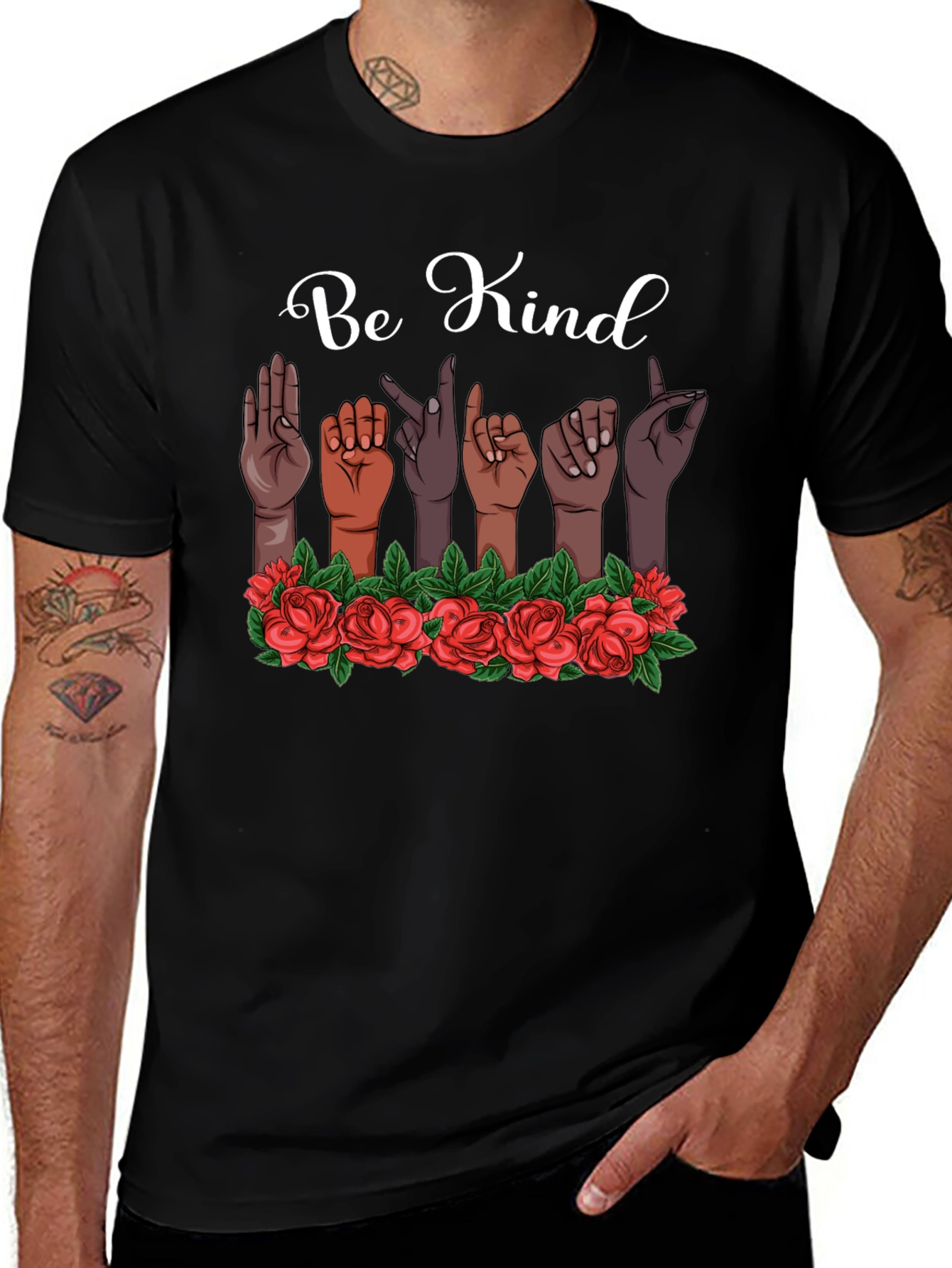 Be Kind T-Shirt Sign Language Design Floral Accent