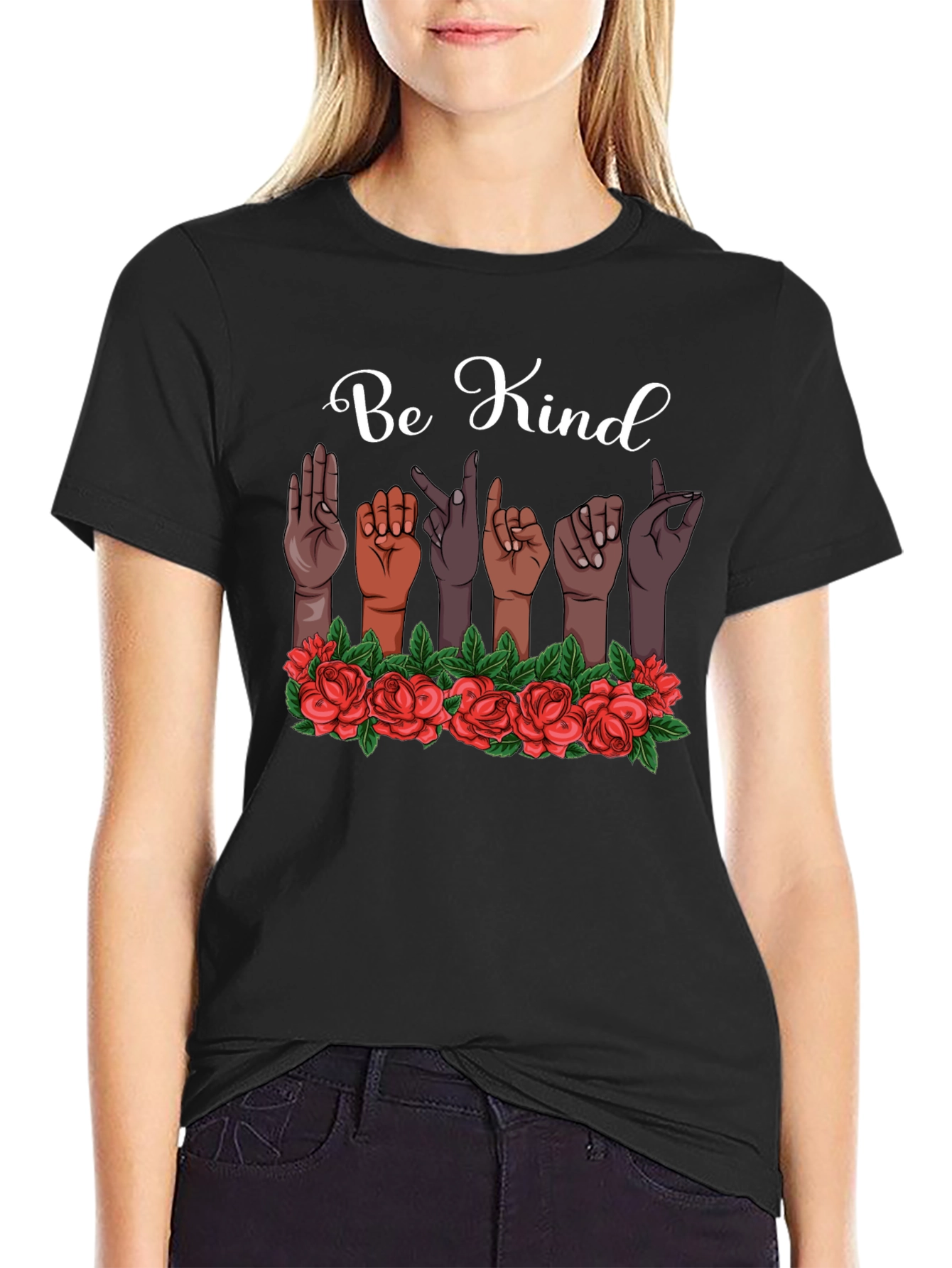 Be Kind T-Shirt Sign Language Design Floral Accent