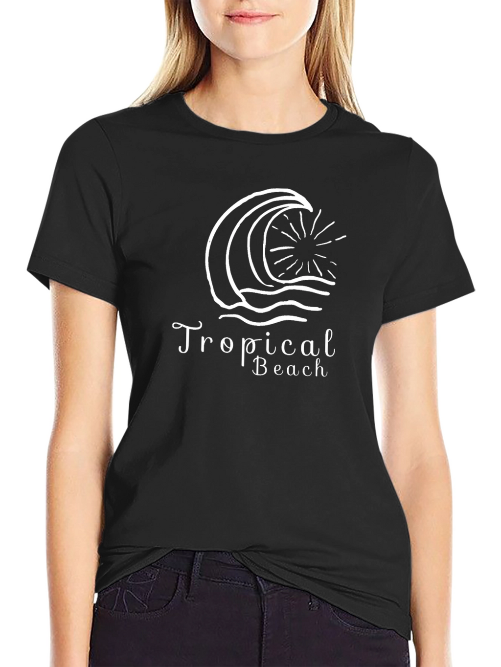 Tropical Beach Graphic Tee - Black Cotton T-Shirt