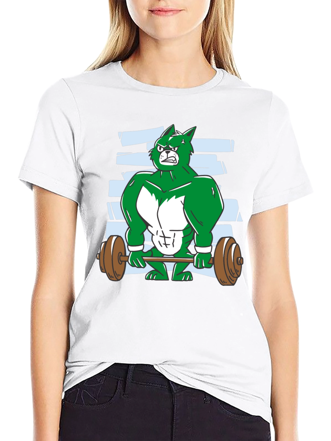 Weightlifting Green Wolf Cartoon T-Shirt