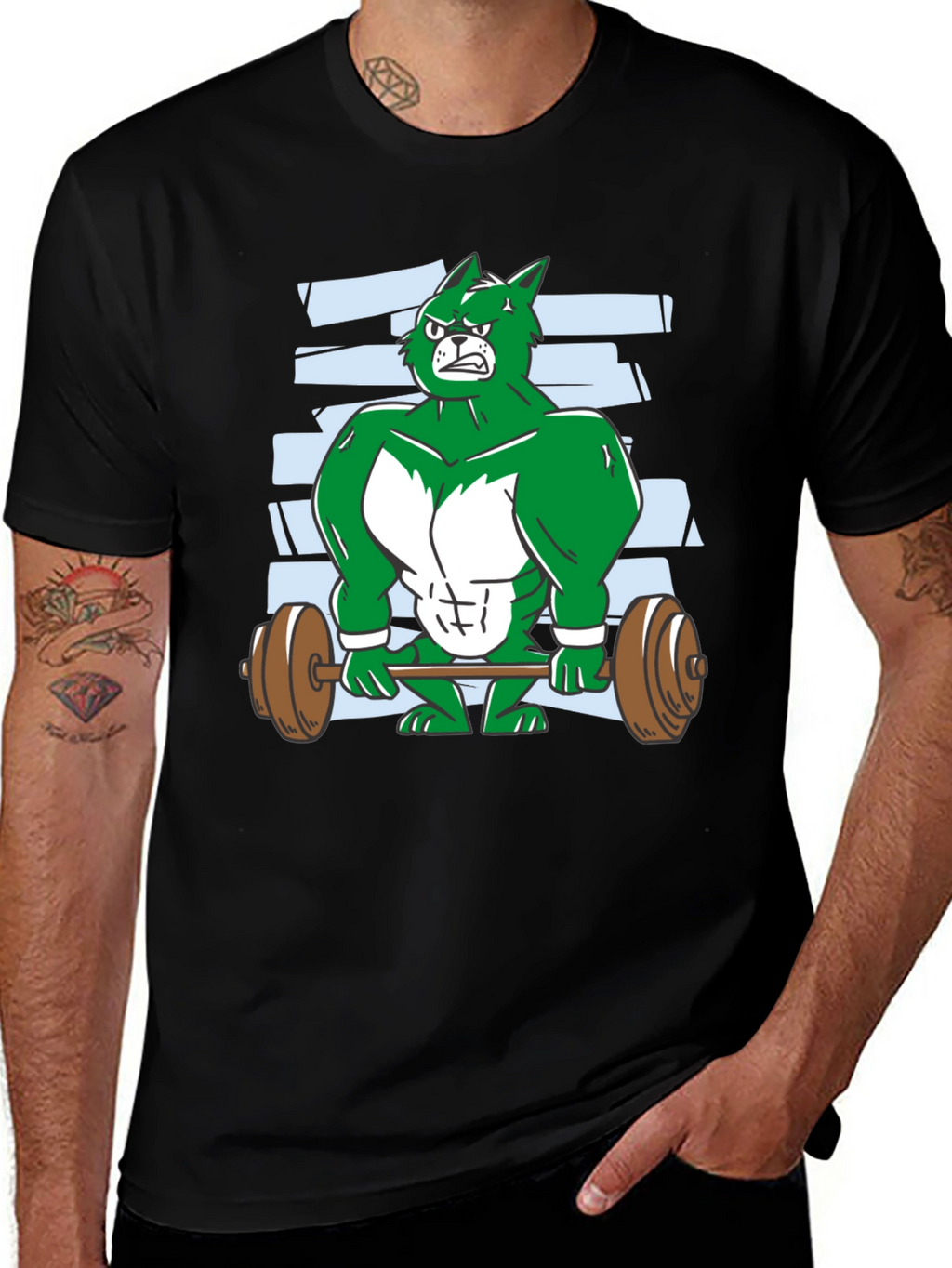 Weightlifting Green Wolf Cartoon T-Shirt