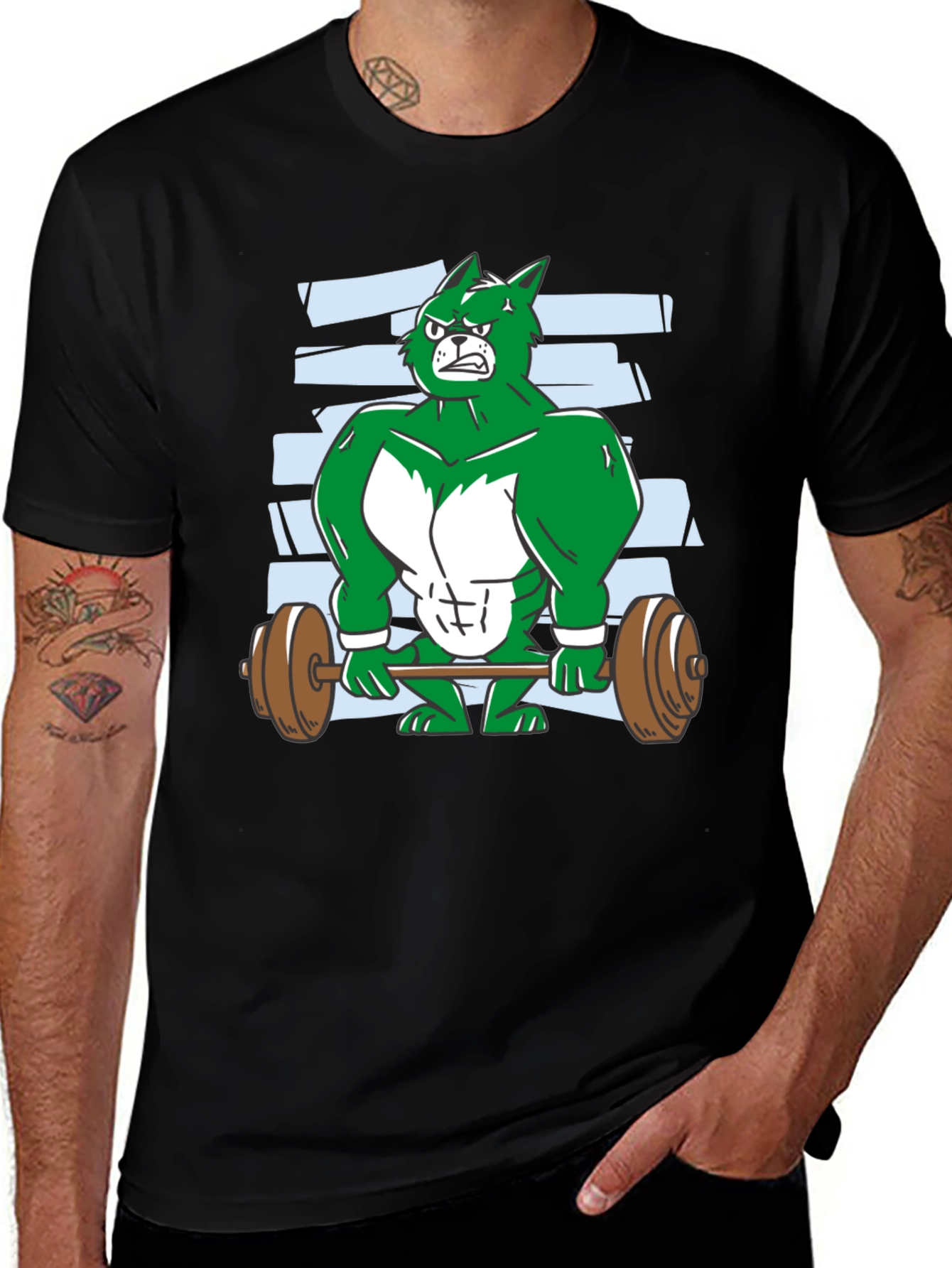 Weightlifting Green Wolf Cartoon T-Shirt