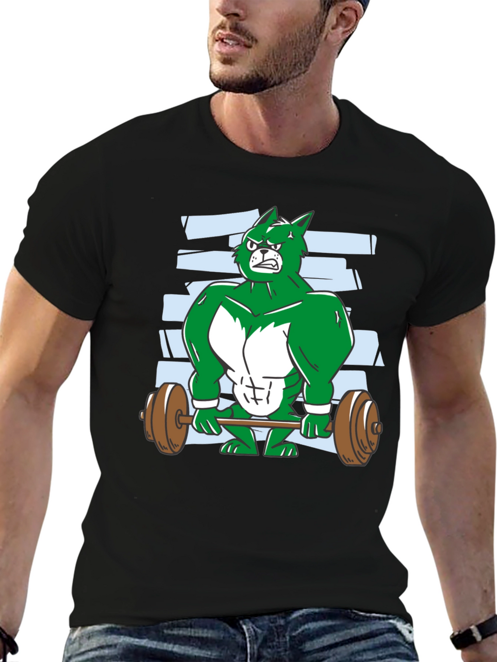 Weightlifting Green Wolf Cartoon T-Shirt