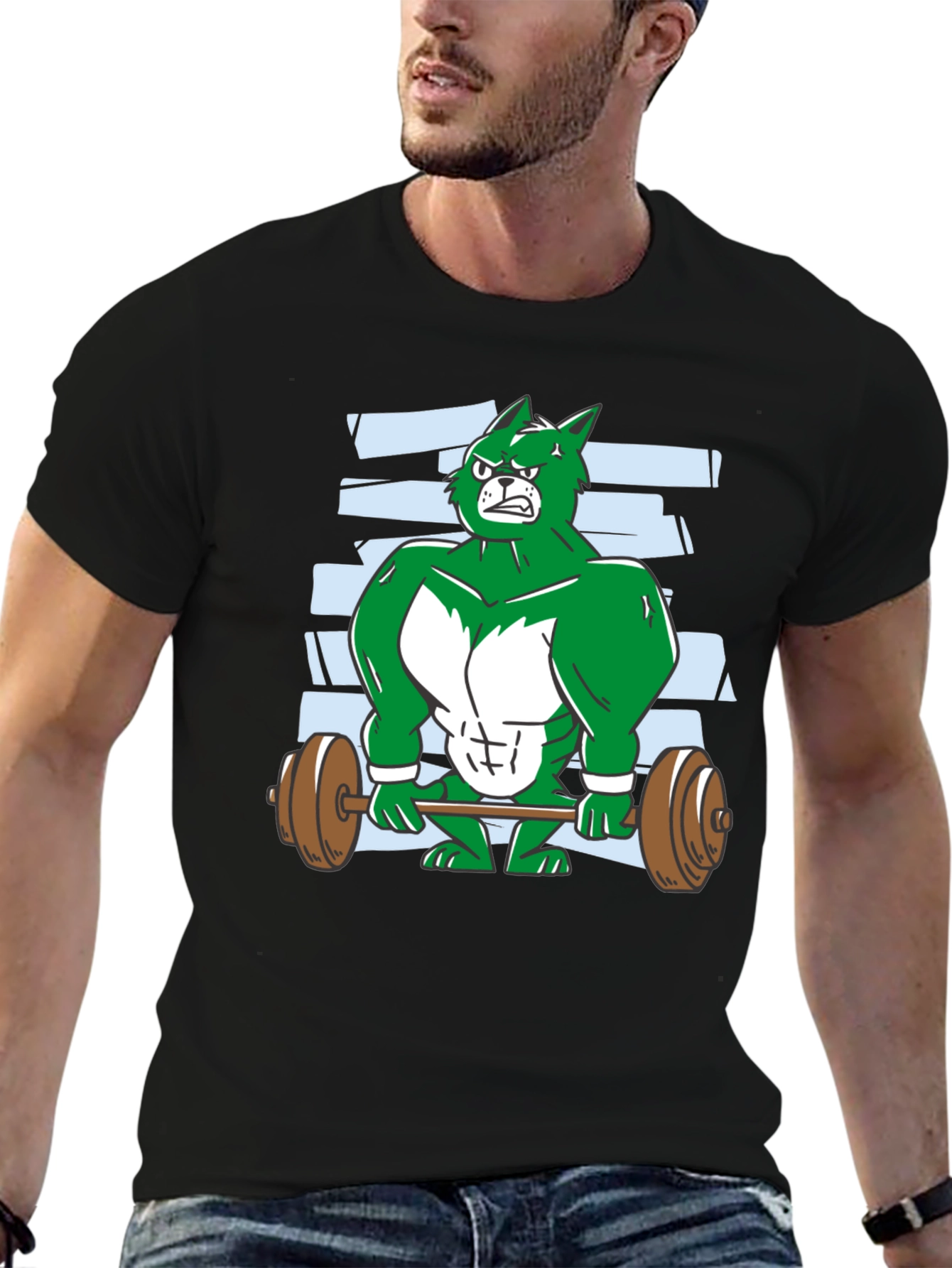 Weightlifting Green Wolf Cartoon T-Shirt