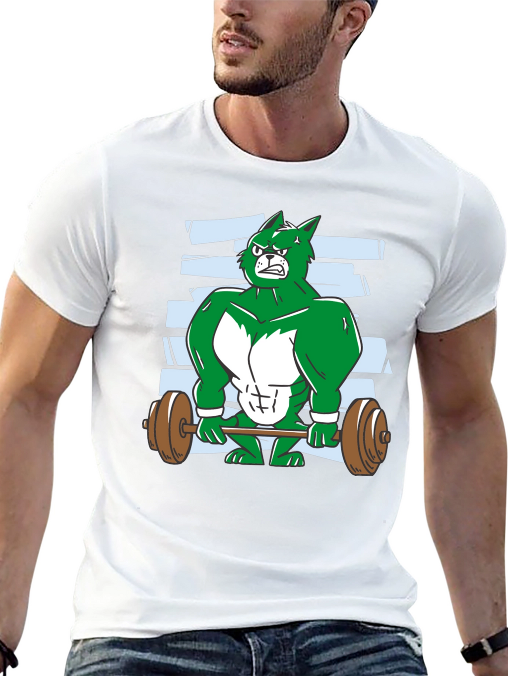 Weightlifting Green Wolf Cartoon T-Shirt