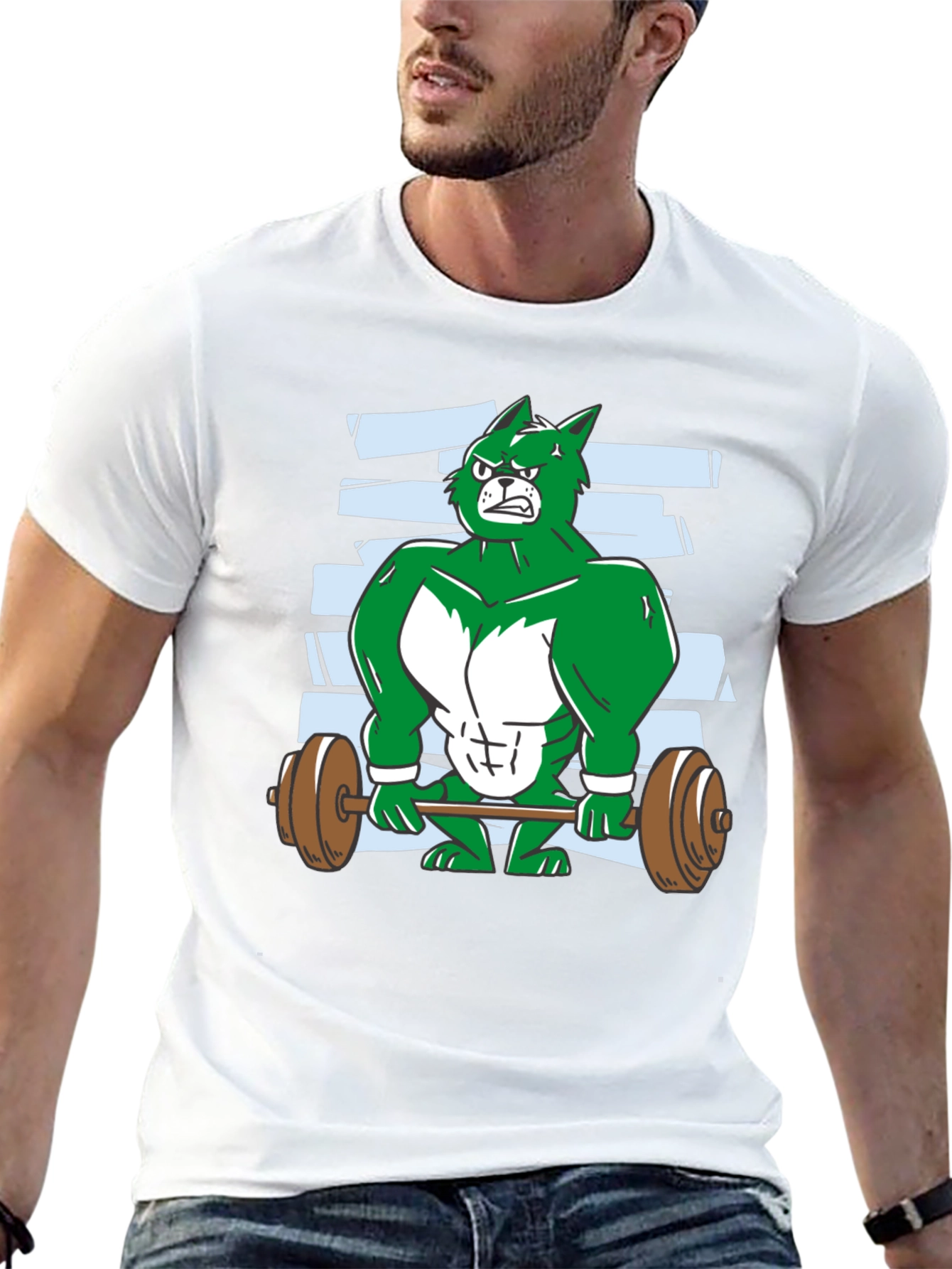 Weightlifting Green Wolf Cartoon T-Shirt