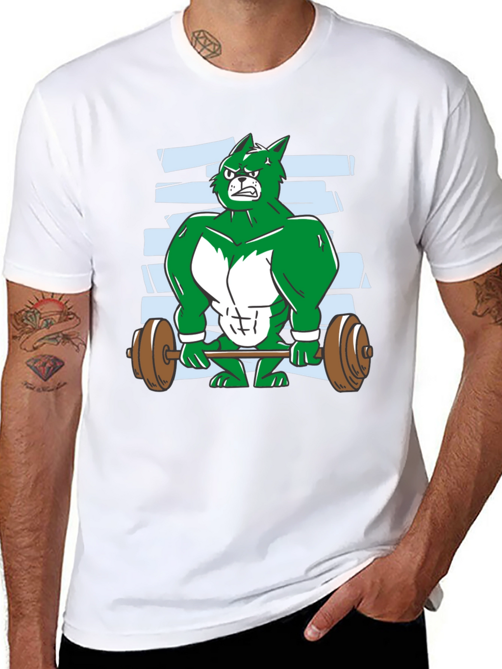 Weightlifting Green Wolf Cartoon T-Shirt
