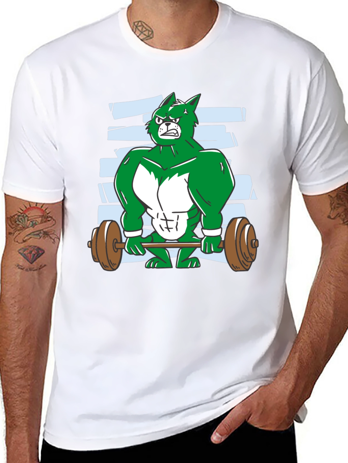 Weightlifting Green Wolf Cartoon T-Shirt
