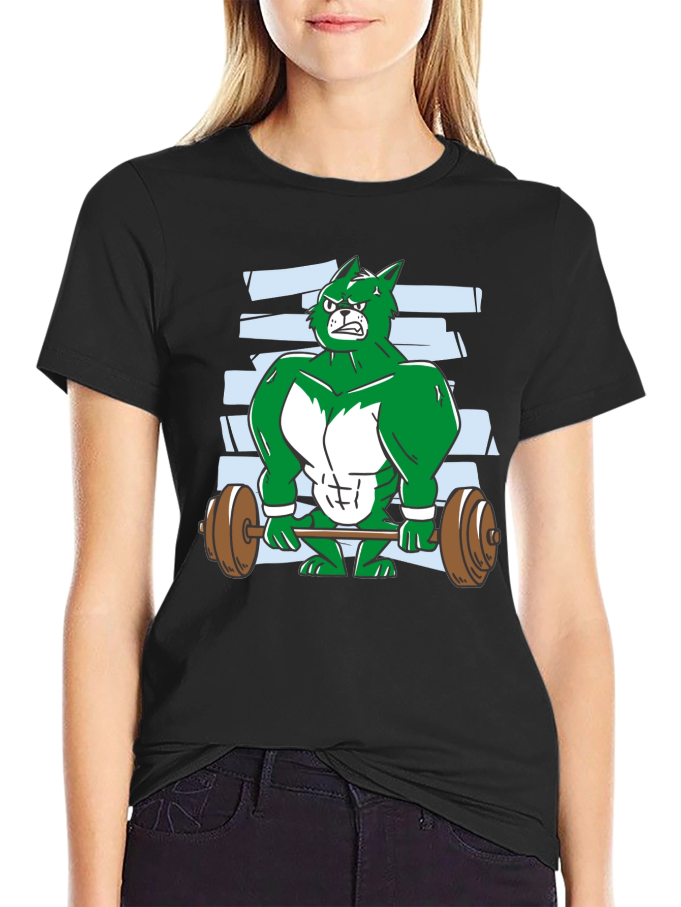 Weightlifting Green Wolf Cartoon T-Shirt