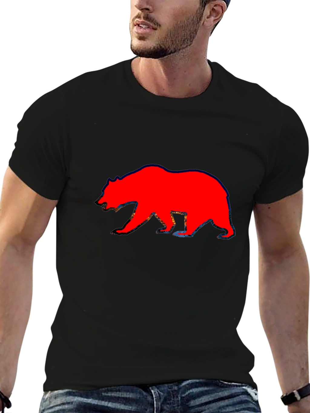Red Bear Graphic Print Black T-Shirt