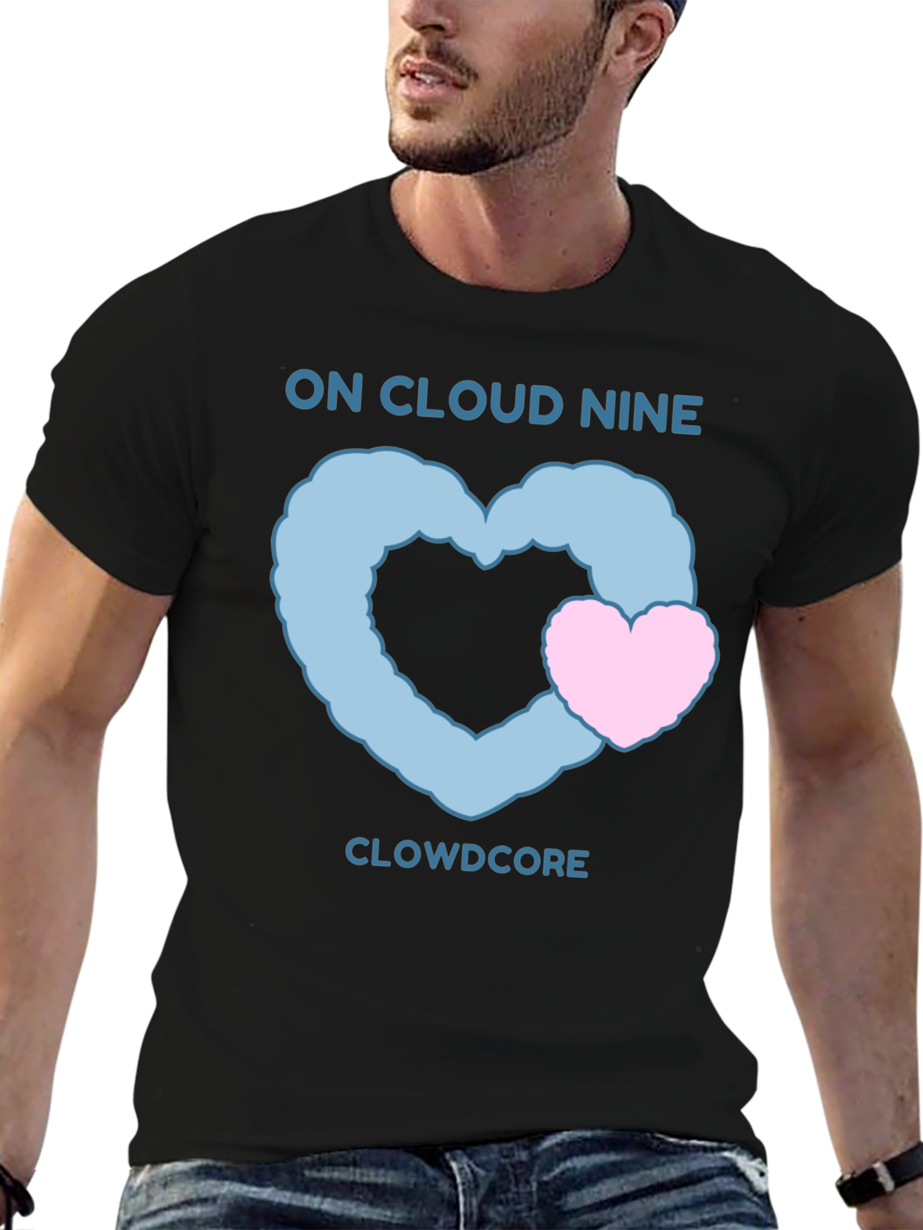 On Cloud Nine Black T-Shirt with Heart Graphic