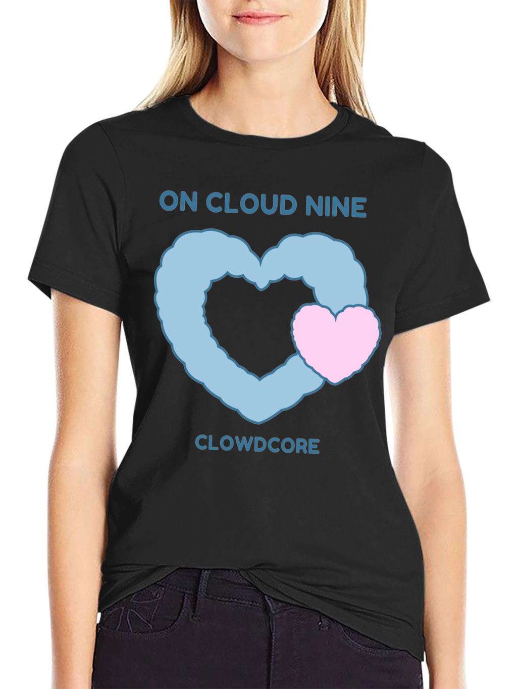 On Cloud Nine Black T-Shirt with Heart Graphic