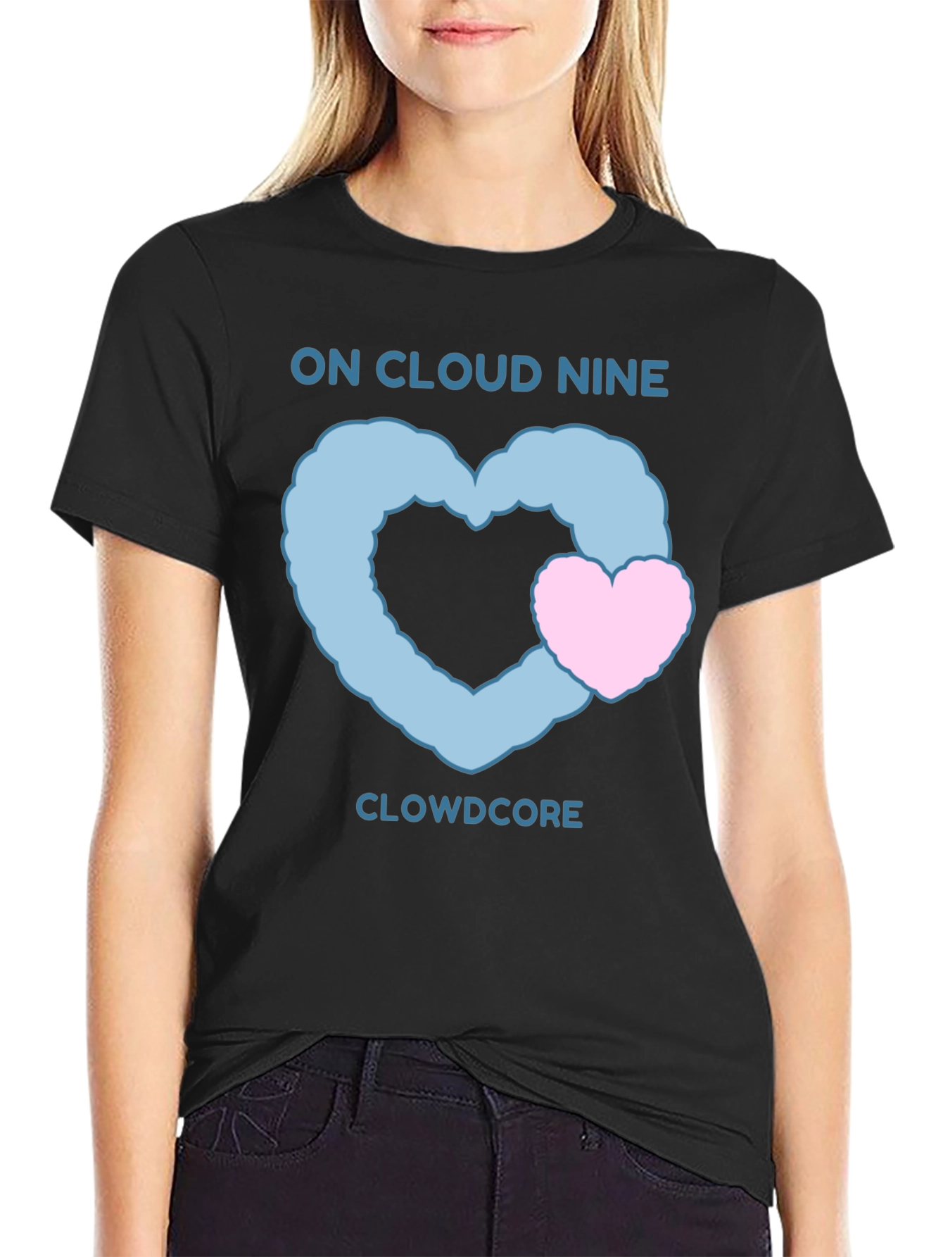 On Cloud Nine Black T-Shirt with Heart Graphic