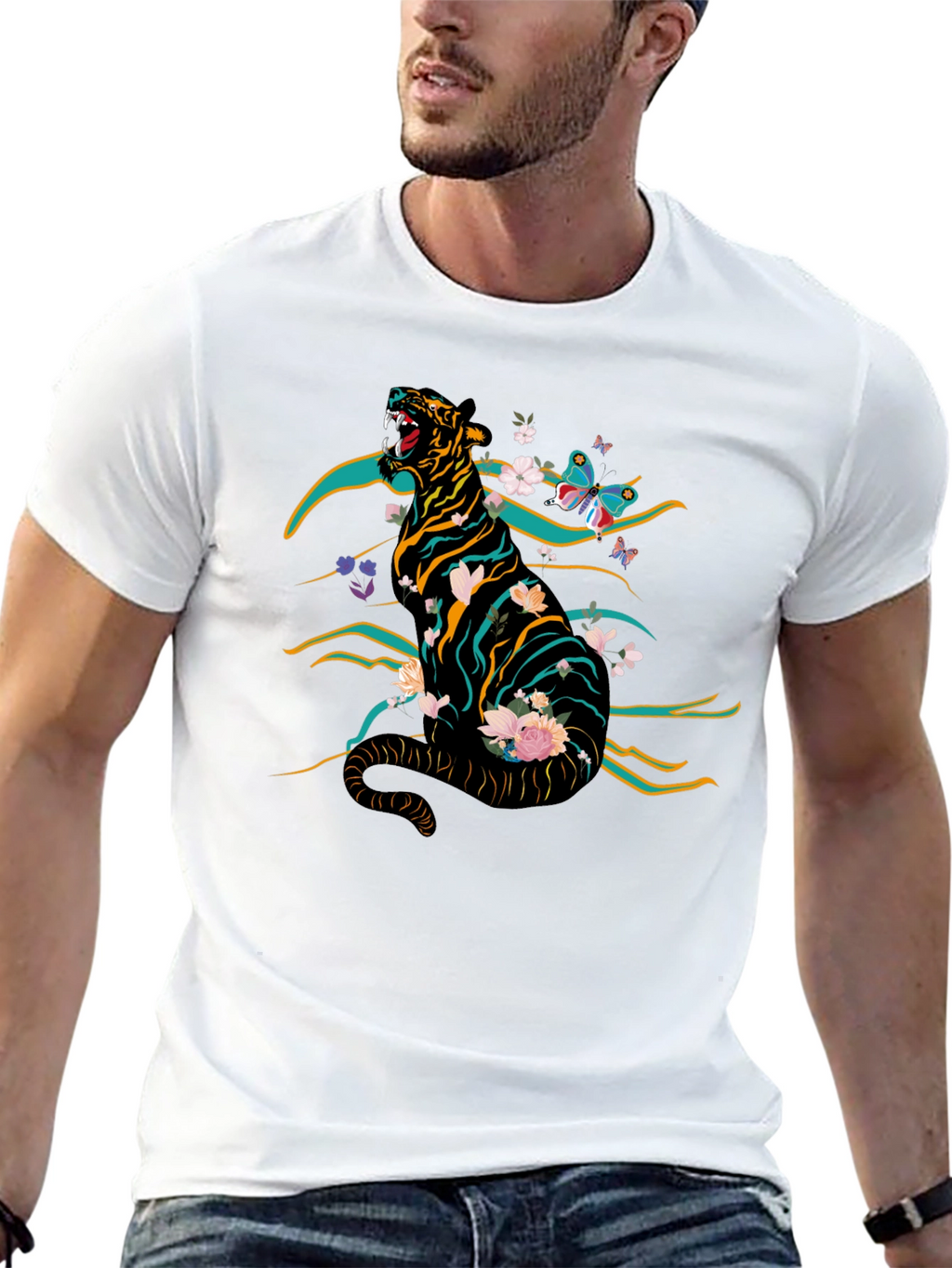 Tiger & Floral Graphic Print Tee - Black