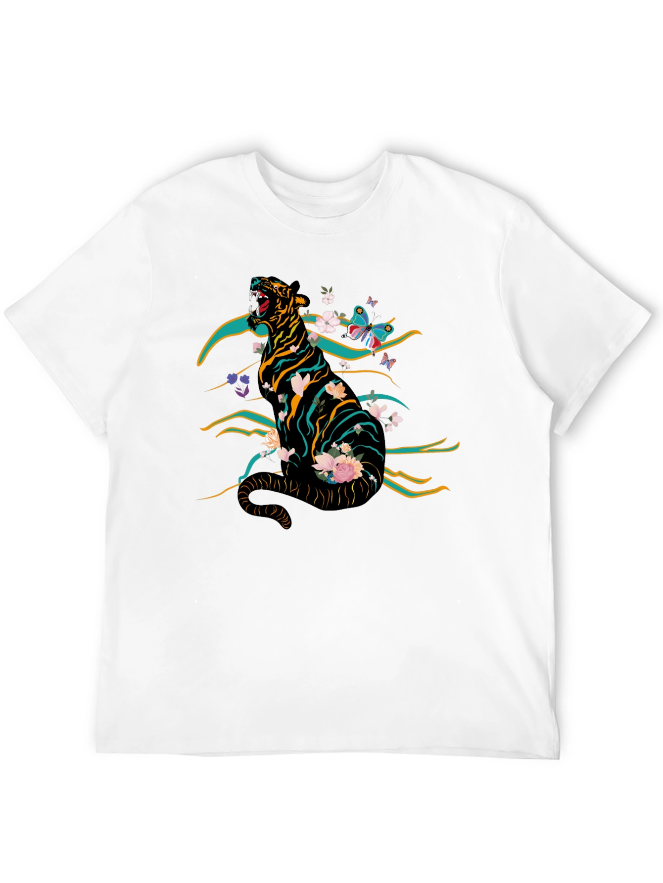 Tiger & Floral Graphic Print Tee - Black