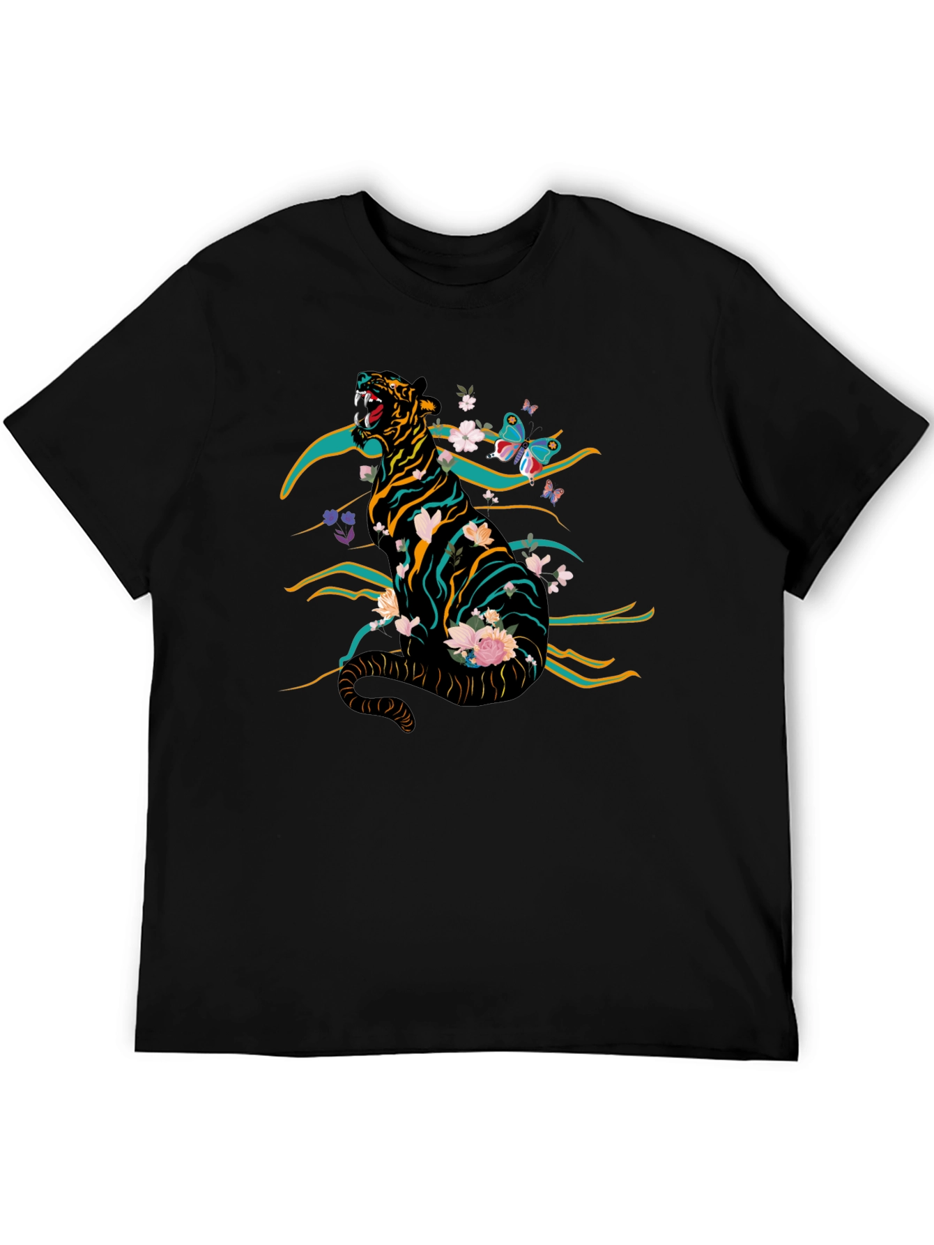 Tiger & Floral Graphic Print Tee - Black