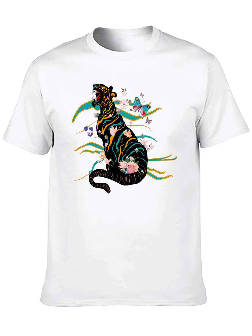 Tiger & Floral Graphic Print Tee - Black