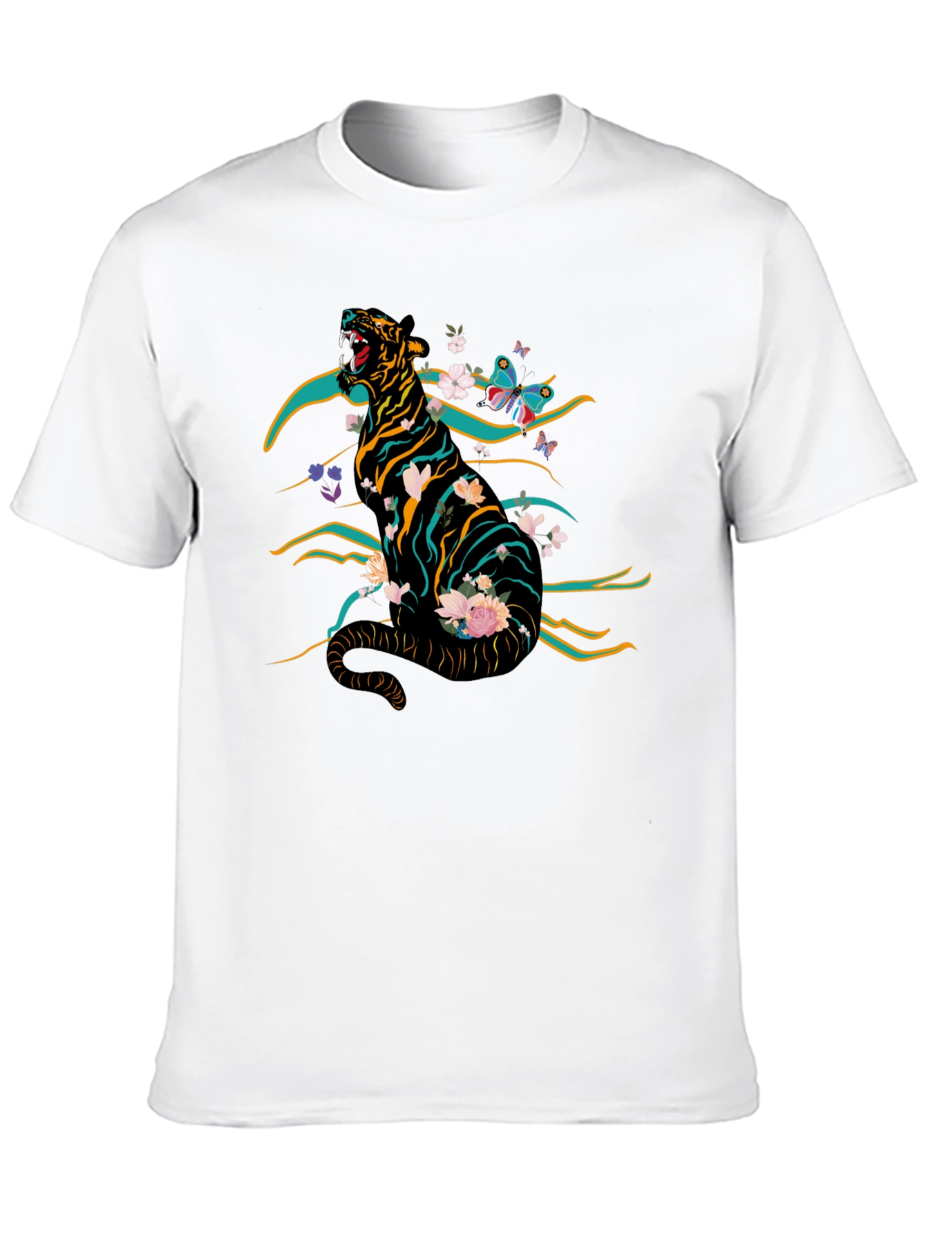 Tiger & Floral Graphic Print Tee - Black
