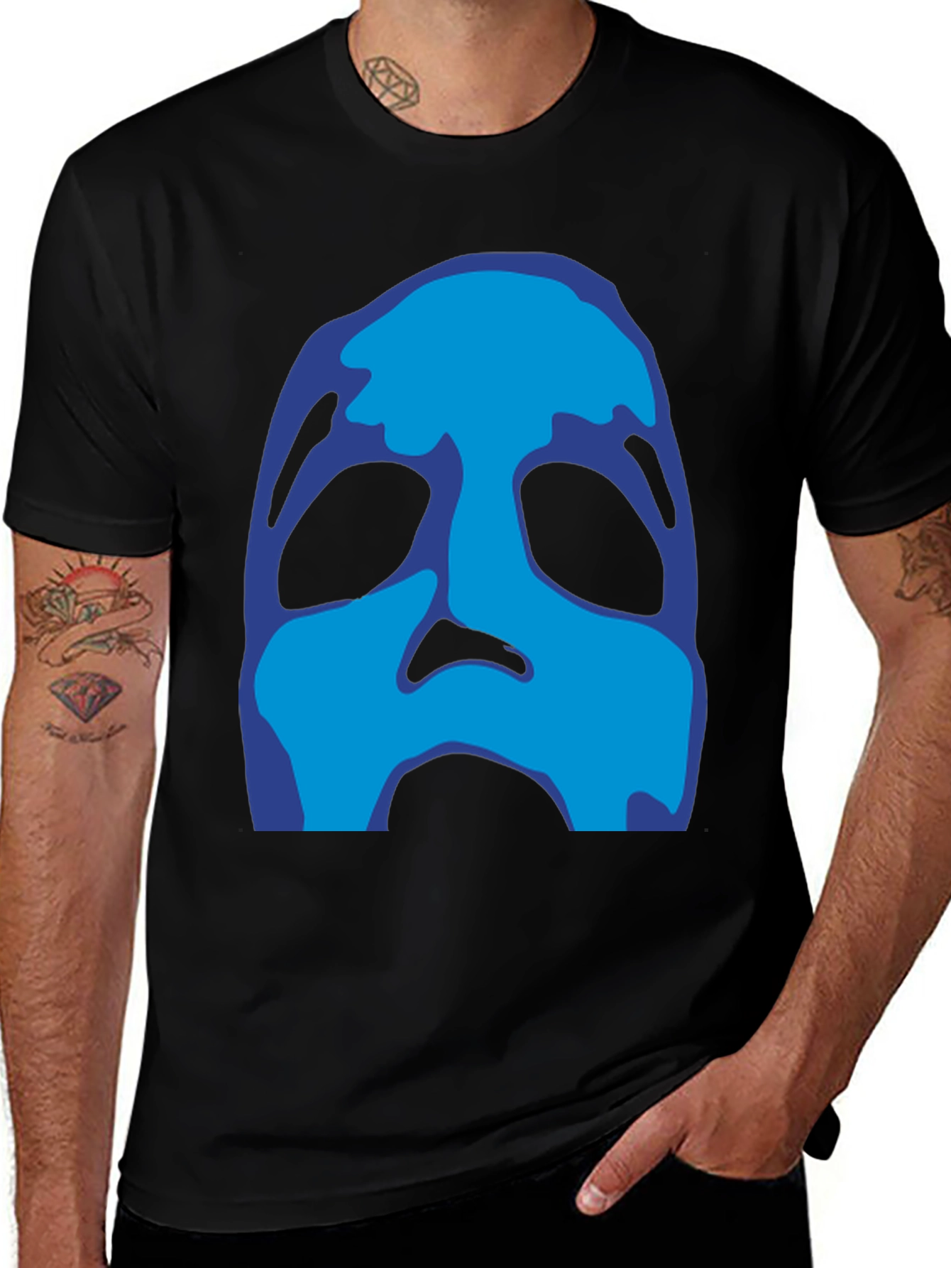 Abstract Blue Face Black T-Shirt