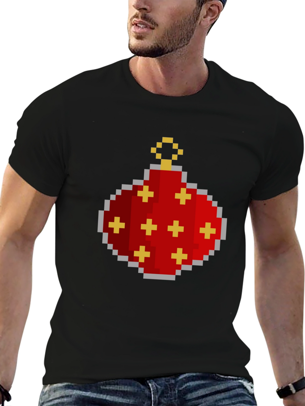 Pixelated Christmas Ornament Graphic Tee - Black
