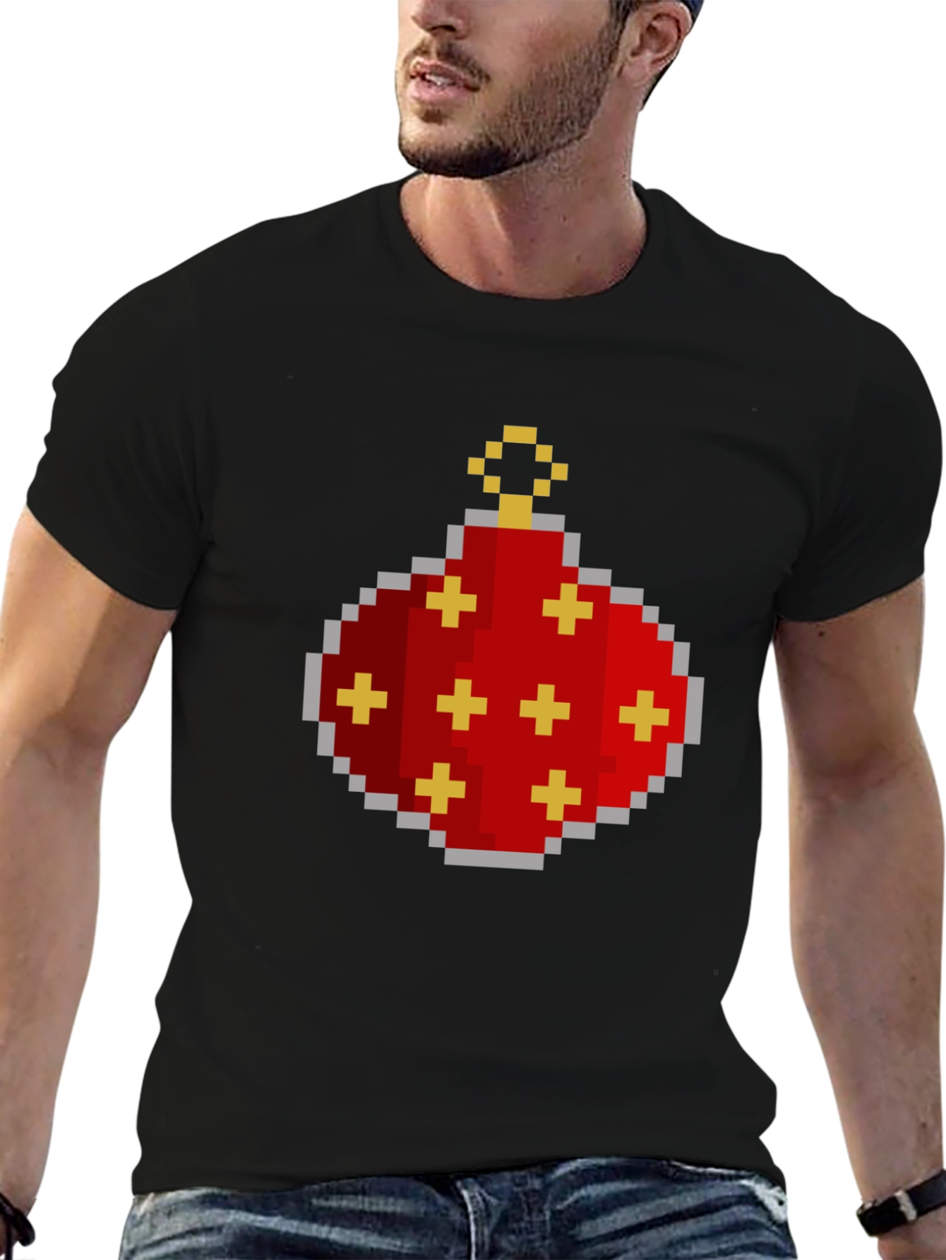 Pixelated Christmas Ornament Graphic Tee - Black