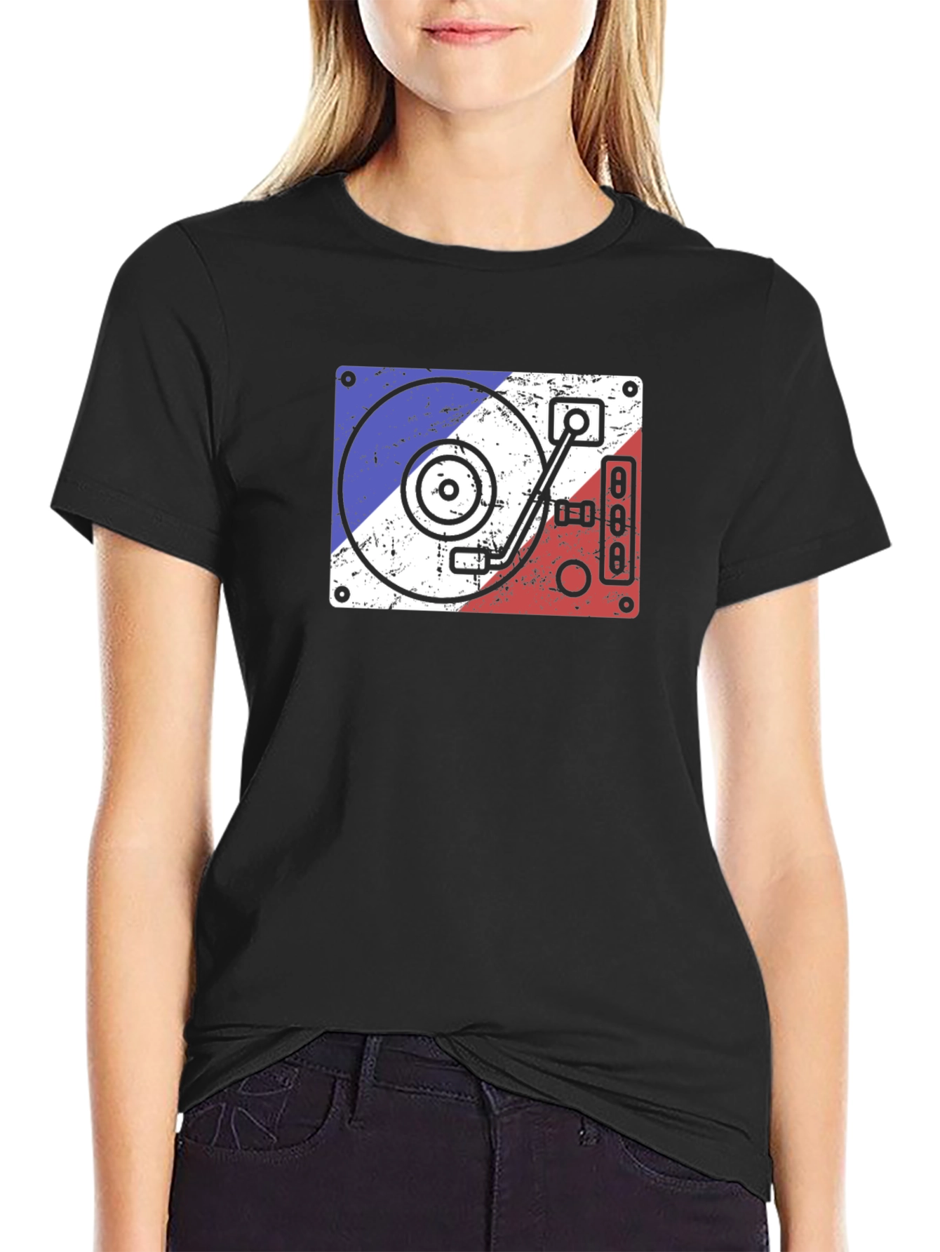 Retro DJ Turntable Graphic Tee - Black Cotton T-Shirt