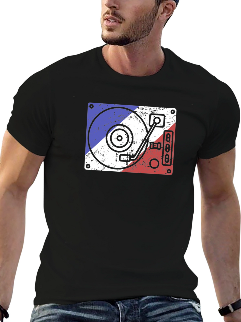 Retro DJ Turntable Graphic Tee - Black Cotton T-Shirt