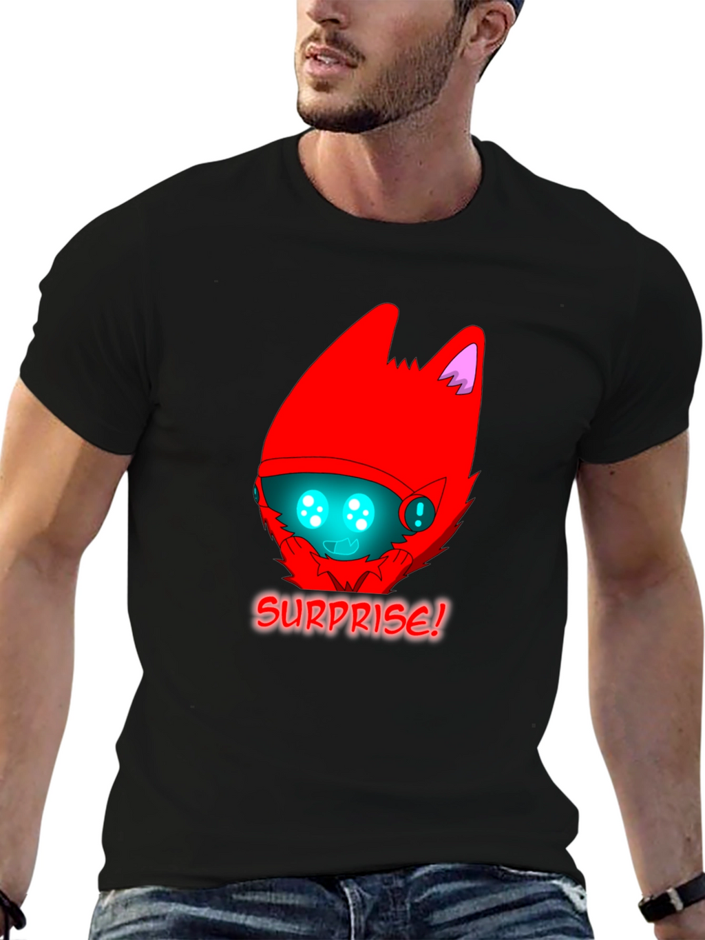 Surprise! Red Protogen Head Black T-Shirt