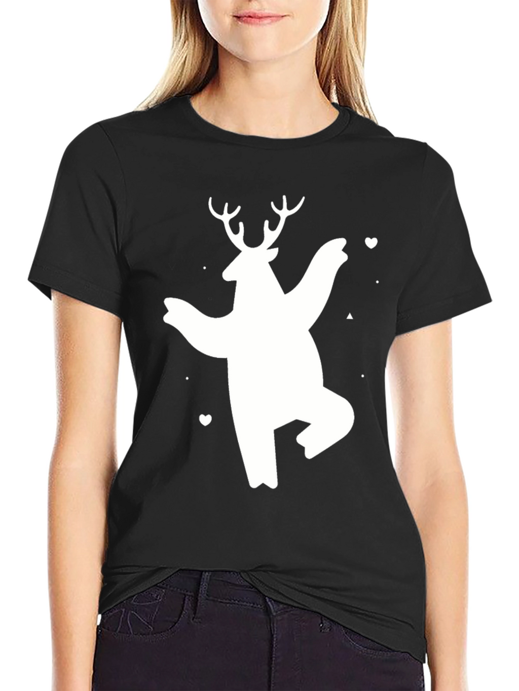 Bear Deer Graphic Tee - Black Cotton Casual T-Shirt
