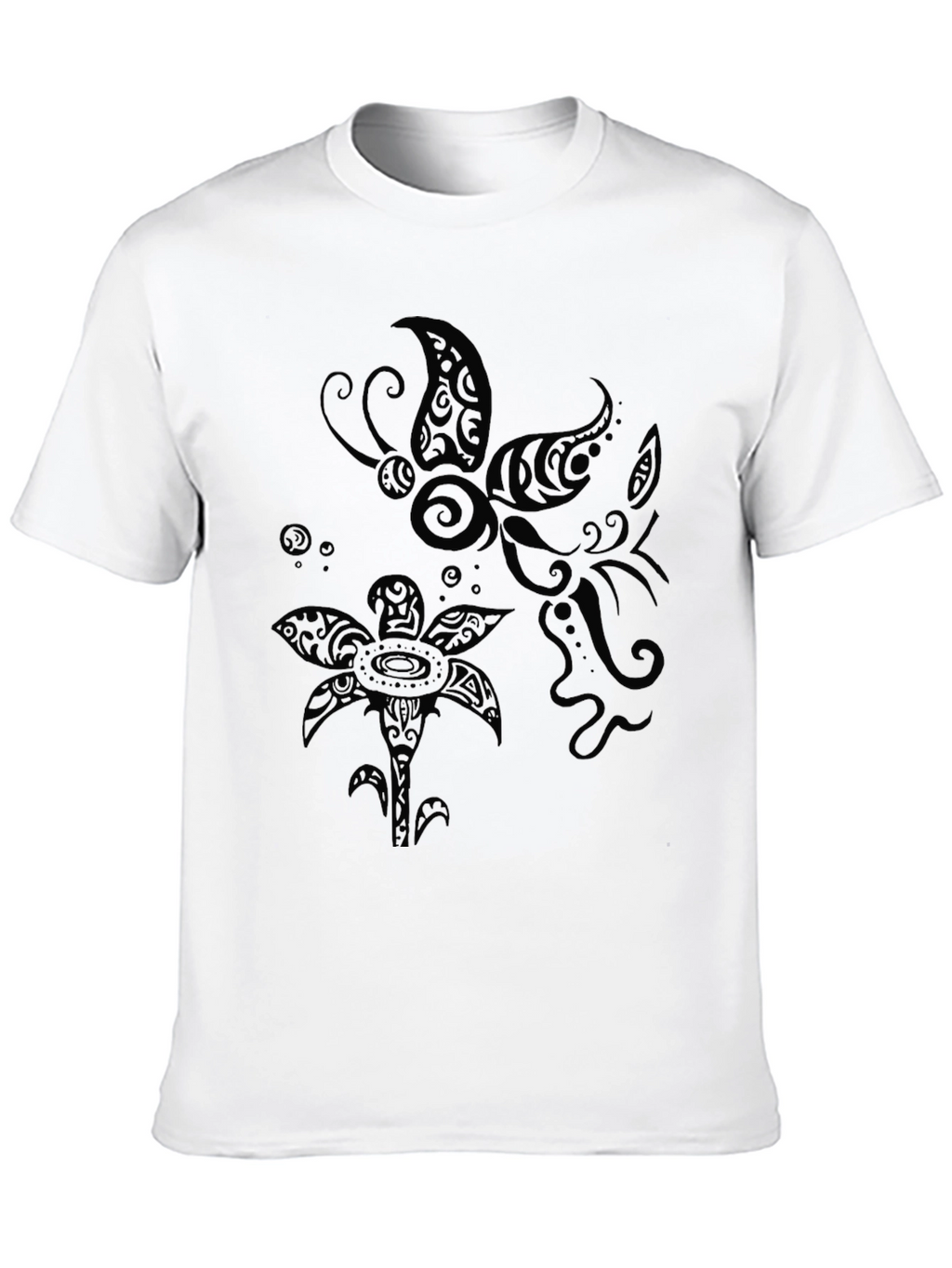 Tribal Butterfly and Flower Print Black T-Shirt