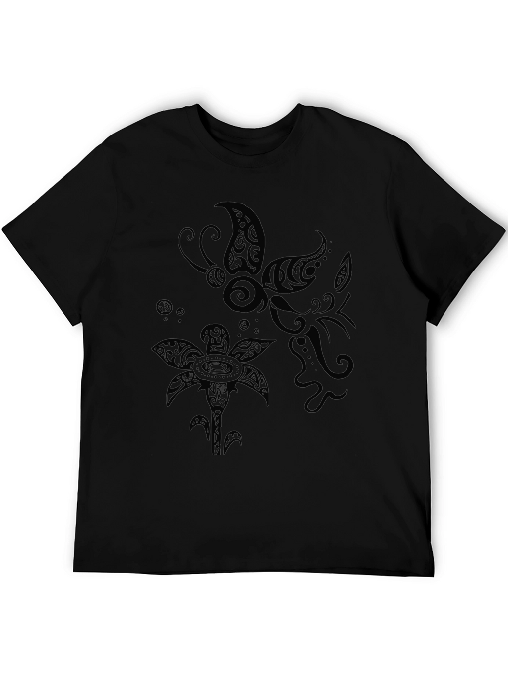 Tribal Butterfly and Flower Print Black T-Shirt