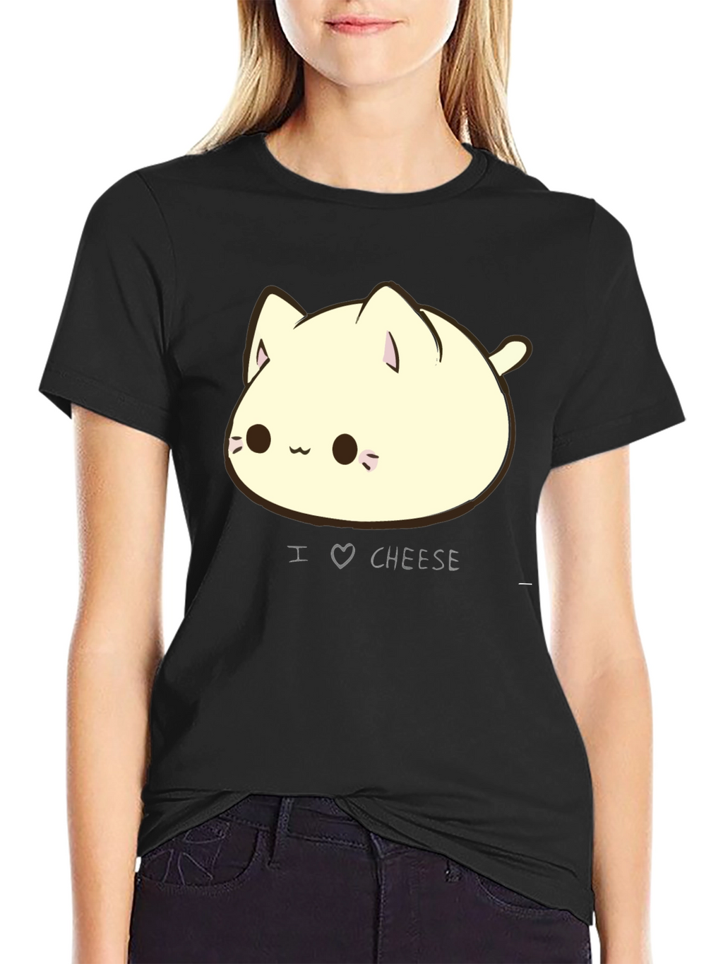 I Love Cheese Cute Cat T-Shirt - Black