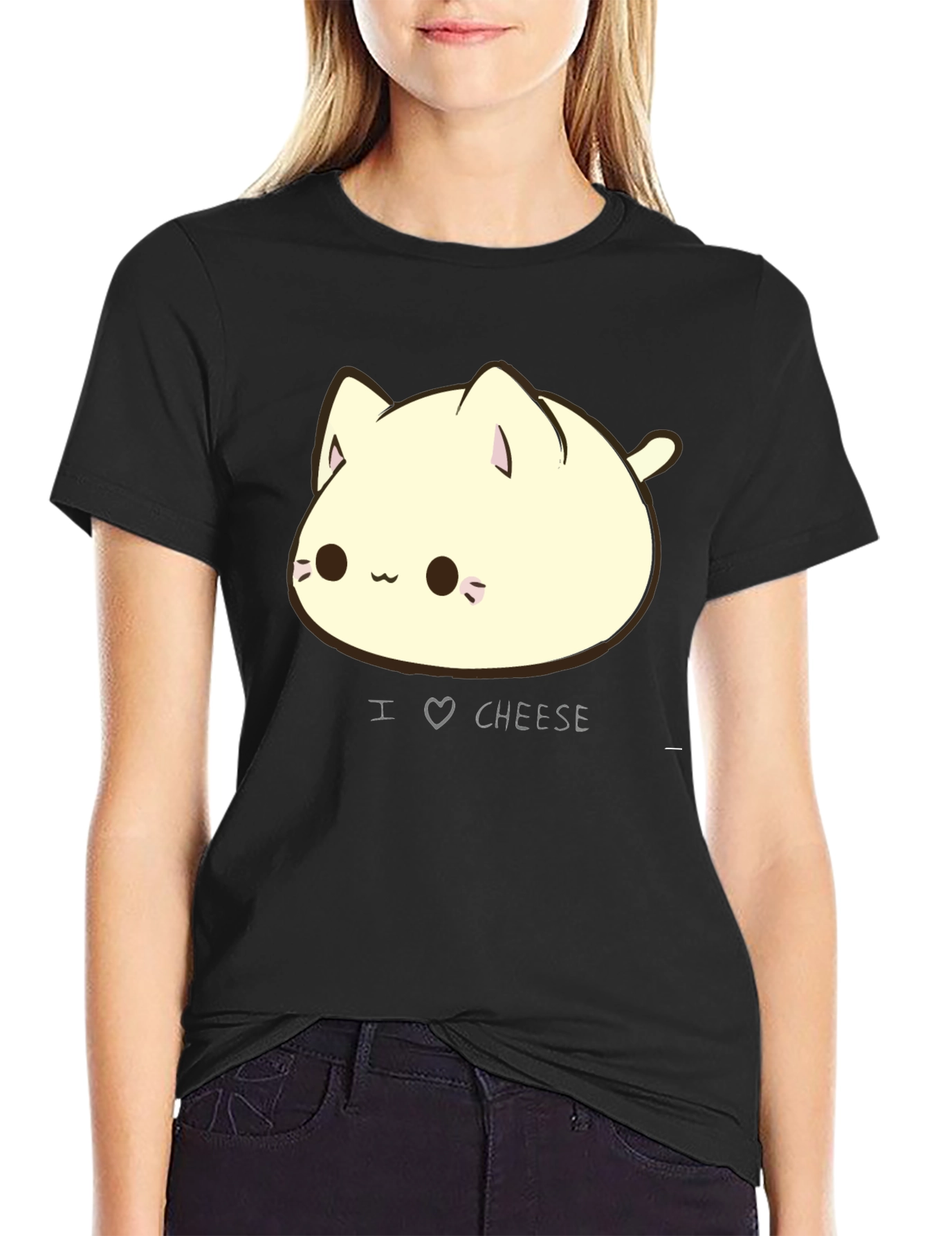 I Love Cheese Cute Cat T-Shirt - Black
