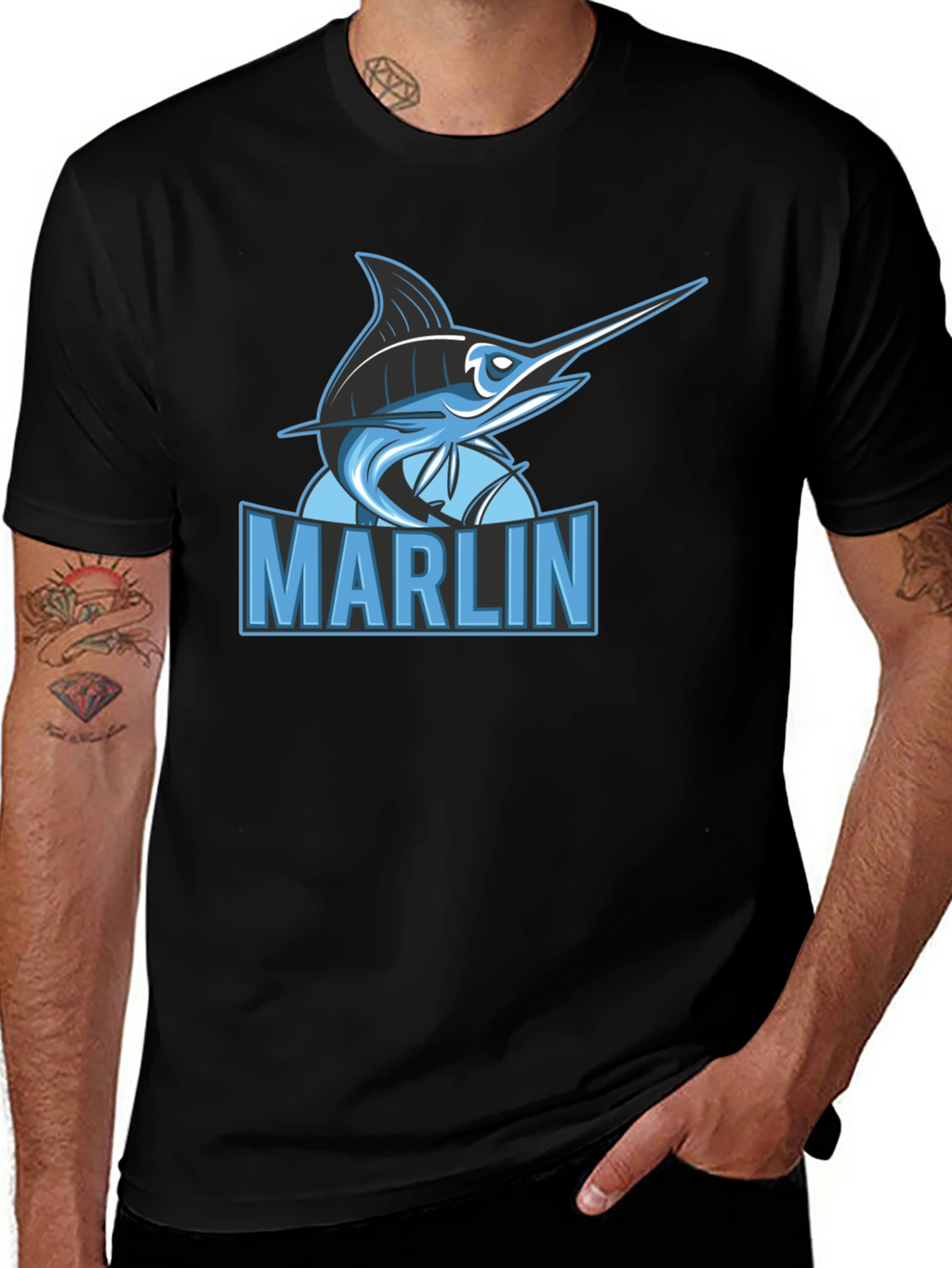 Marlin Fish Graphic Print Black T-Shirt